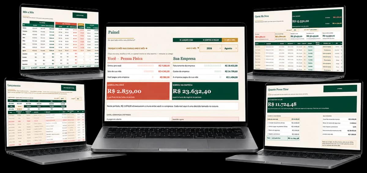 As abas do Kit Planilhas para Empreendedor abertas: painel, lançamentos, mês a mês, quem me deve e quanto posso tirar